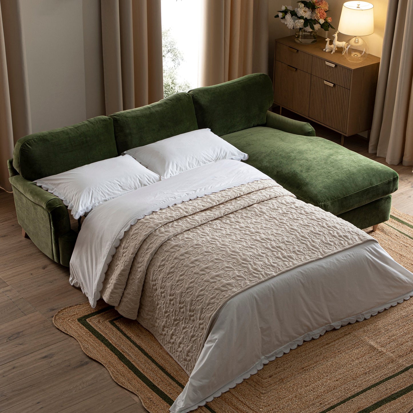 Daphnis Fern Green Velvet Sofa Bed, Grande Chaise Right Hand Facing