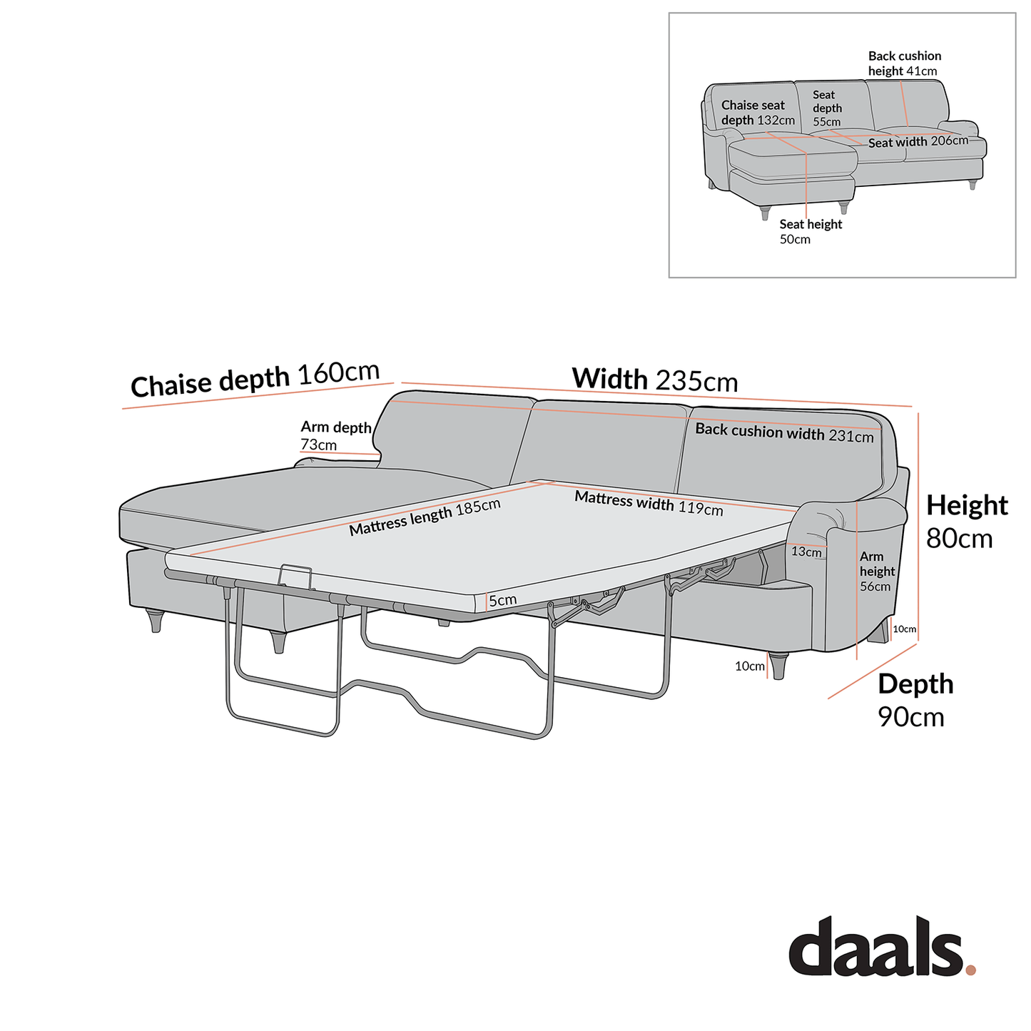 Daphnis Ochre Striped Linen Blend Sofa Bed, Grande Chaise Left Hand Facing
