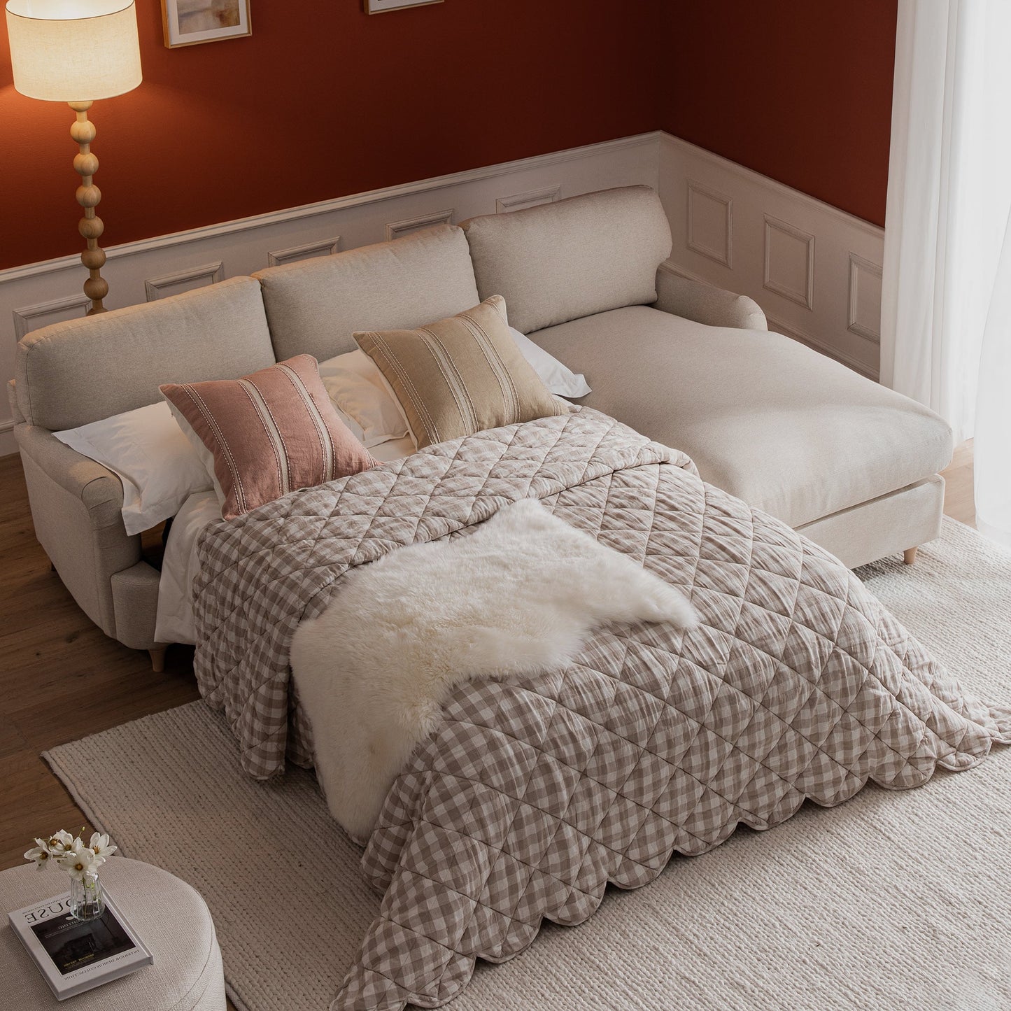 Daphnis Oatmeal Fabric Sofa Bed, Grande Chaise Right Hand Facing