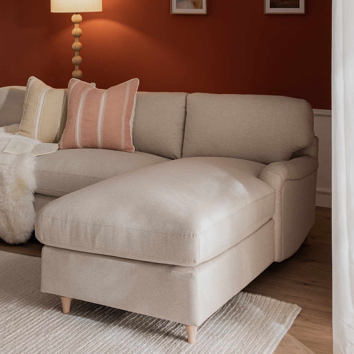 Daphnis Oatmeal Fabric Sofa Bed, Grande Chaise Right Hand Facing