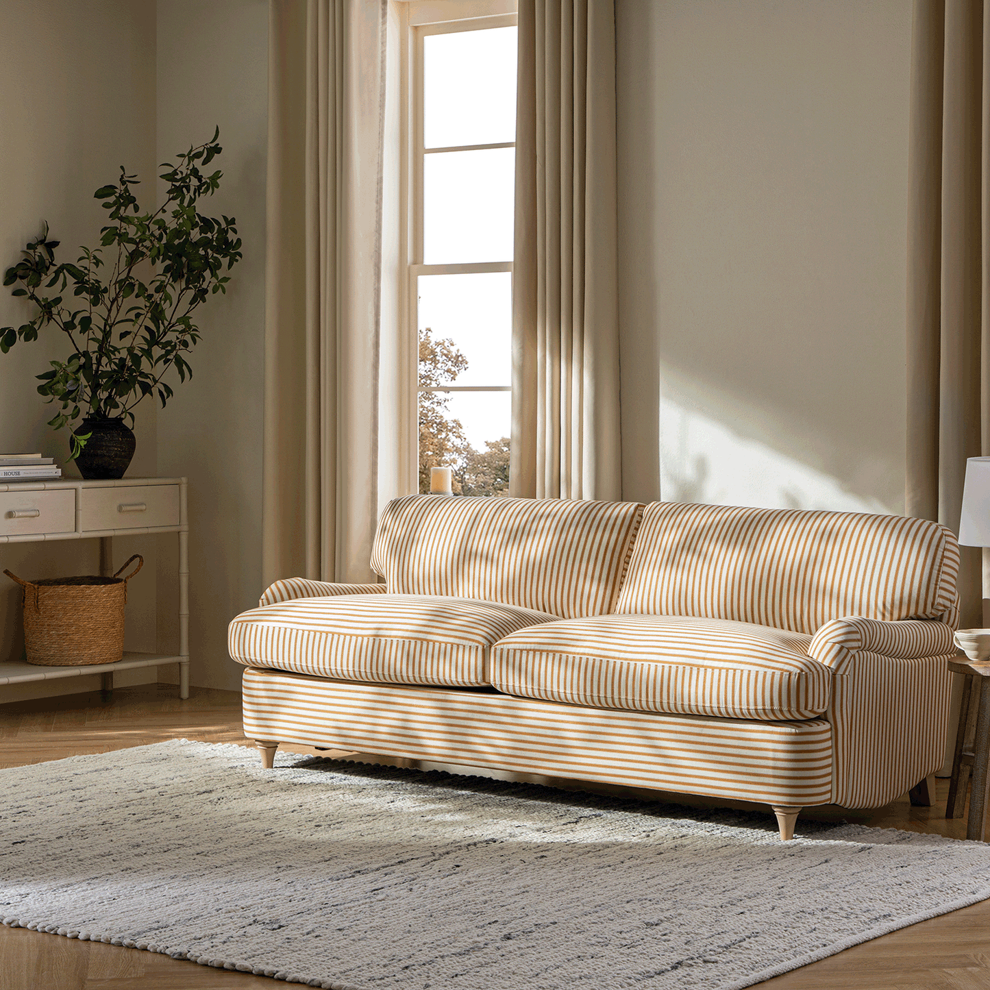 Daphnis Ochre Striped Linen Blend Sofa Bed, Large 3-Seater