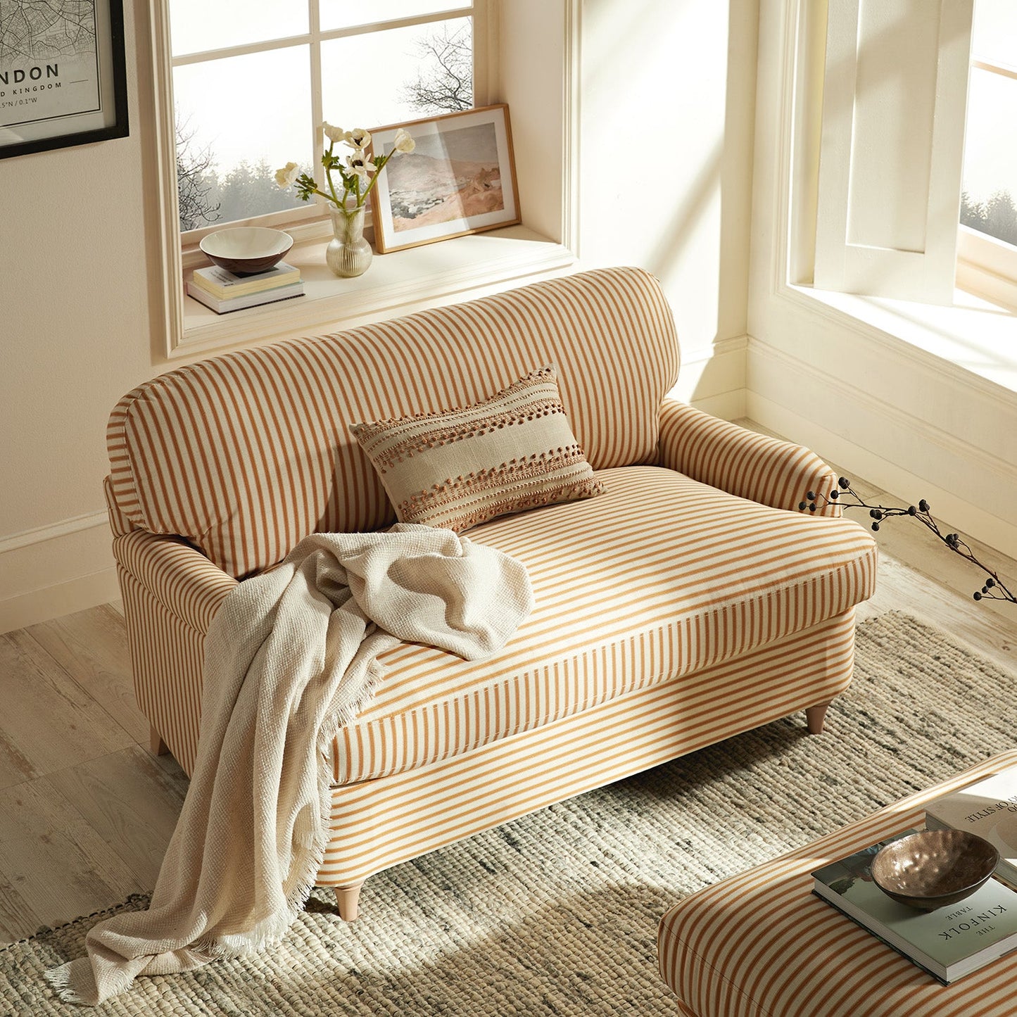 Daphnis Ochre Striped Linen Blend Fabric Sofa Bed, Loveseat