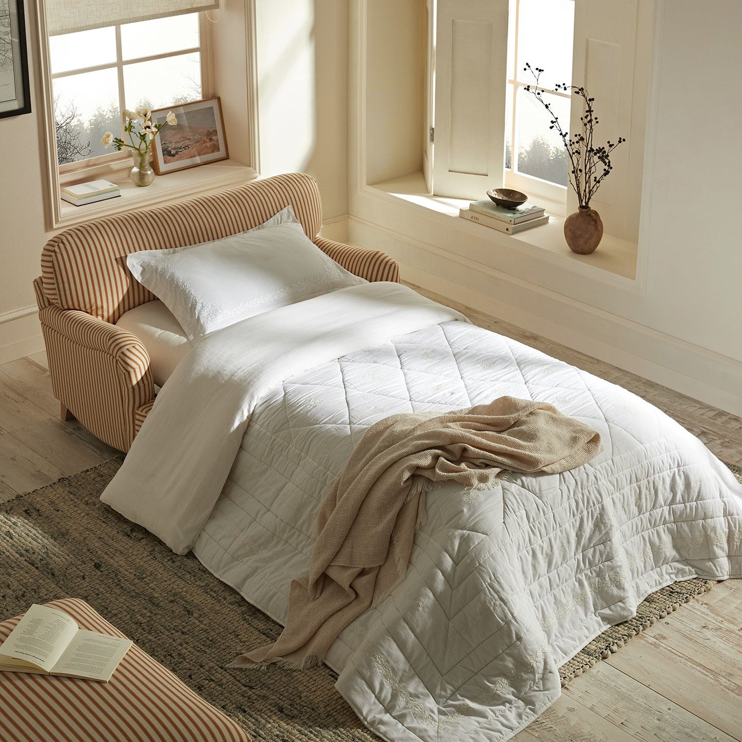 Daphnis Ochre Striped Linen Blend Fabric Sofa Bed, Loveseat