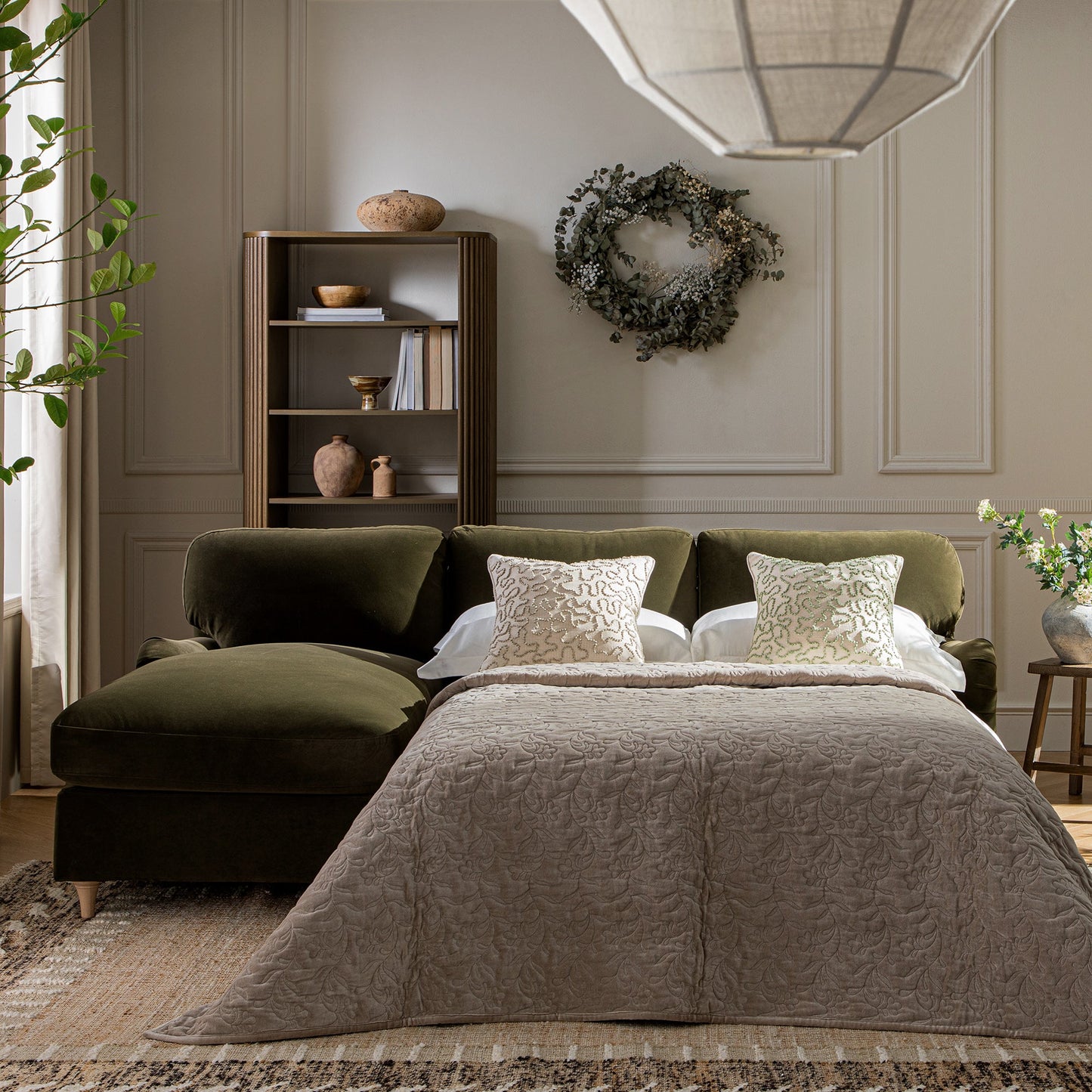 Daphnis Seaweed Velvet Sofa Bed, Grande Chaise Left Hand Facing