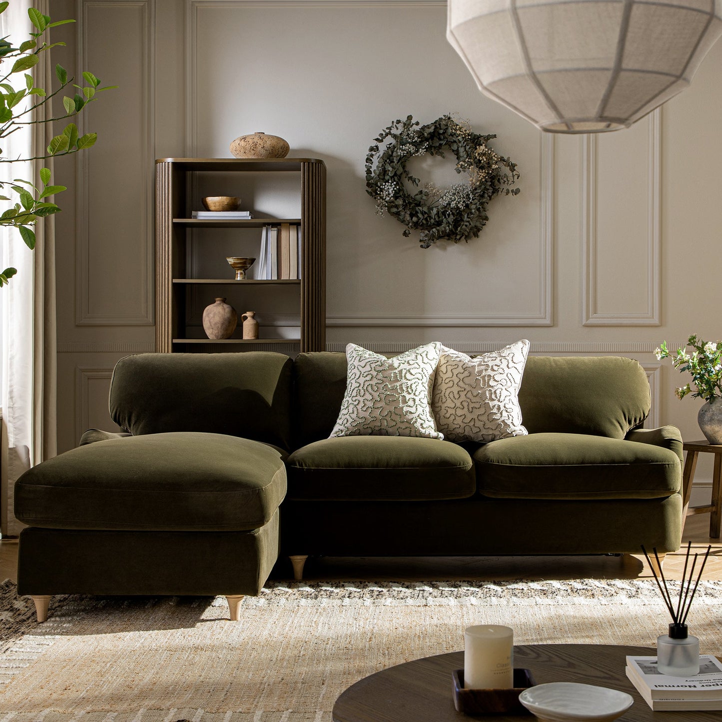 Daphnis Seaweed Velvet Sofa Bed, Grande Chaise Left Hand Facing