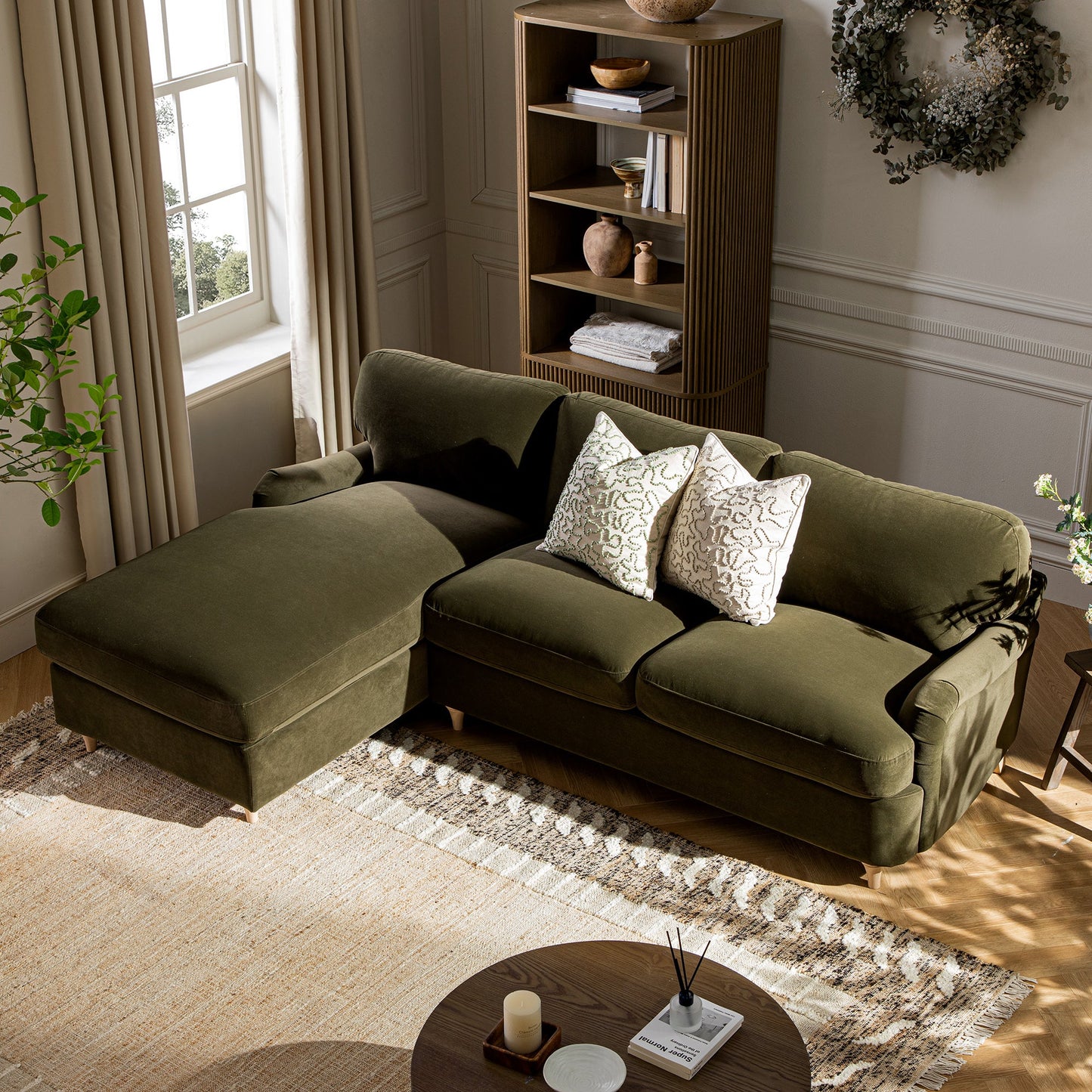 Daphnis Seaweed Velvet Sofa Bed, Grande Chaise Left Hand Facing