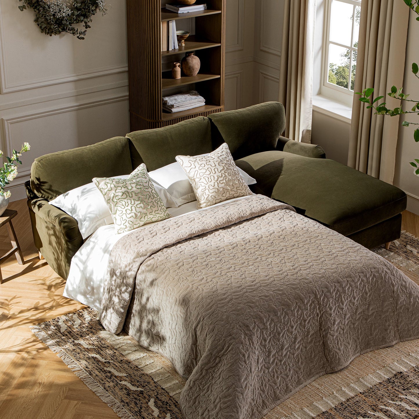 Daphnis Seaweed Velvet Sofa Bed, Grande Chaise Right Hand Facing