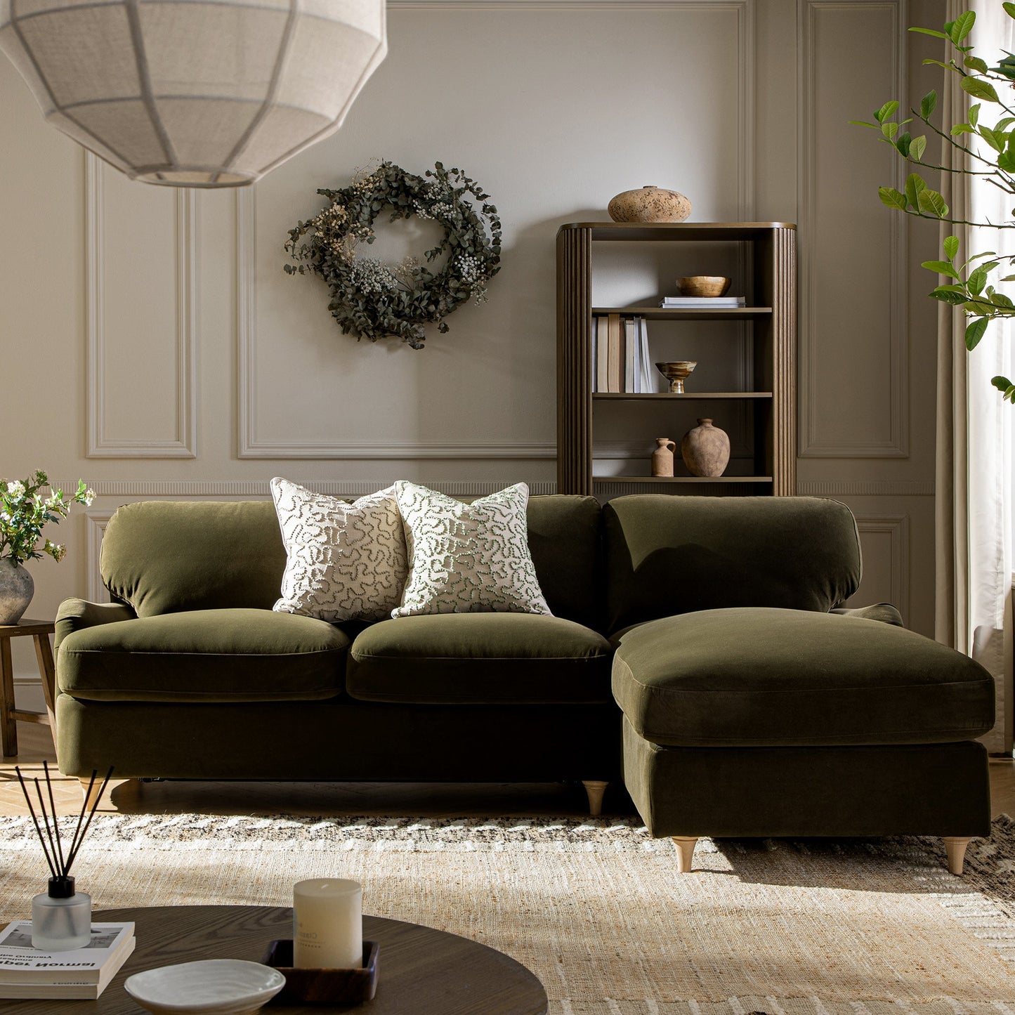 Daphnis Seaweed Velvet Sofa Bed, Grande Chaise Right Hand Facing