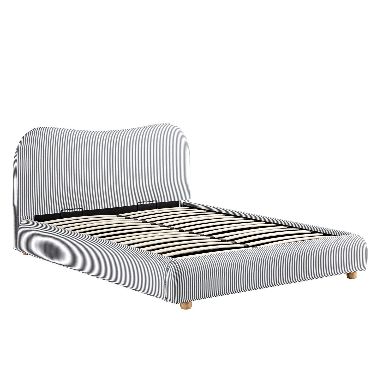 Egerie Curved Headboard Slate Blue Striped Fabric Ottoman Storage Bed