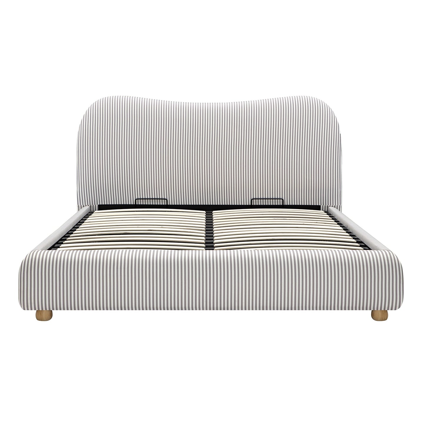 Egerie Curved Headboard Light Taupe Striped Fabric Ottoman Storage Bed