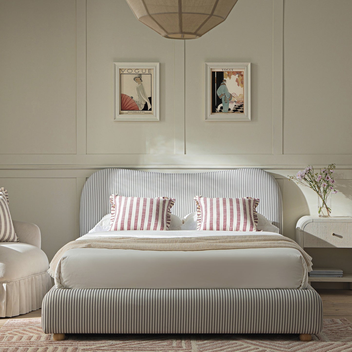 Egerie Curved Headboard Light Taupe Striped Fabric Ottoman Storage Bed