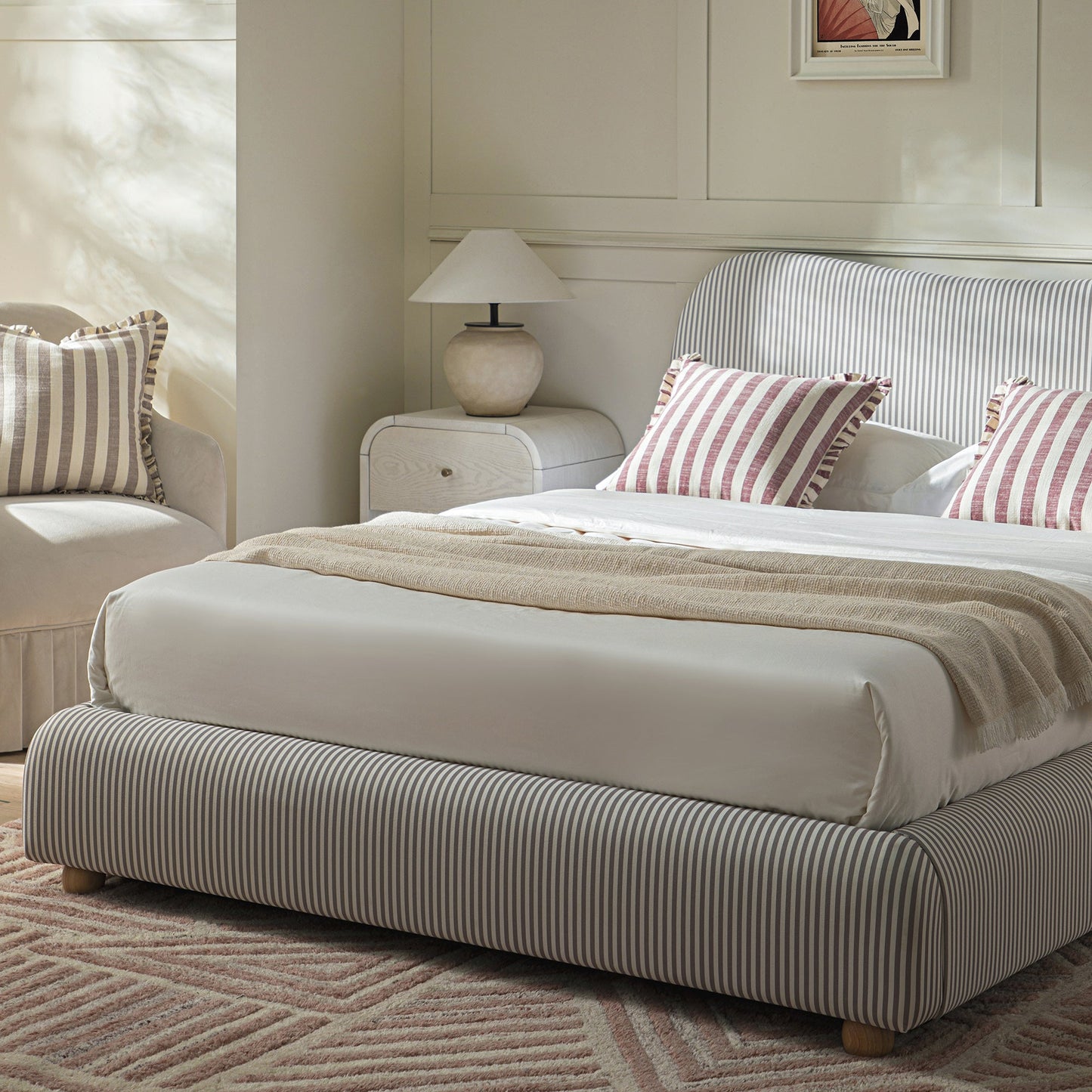 Egerie Curved Headboard Light Taupe Striped Fabric Ottoman Storage Bed