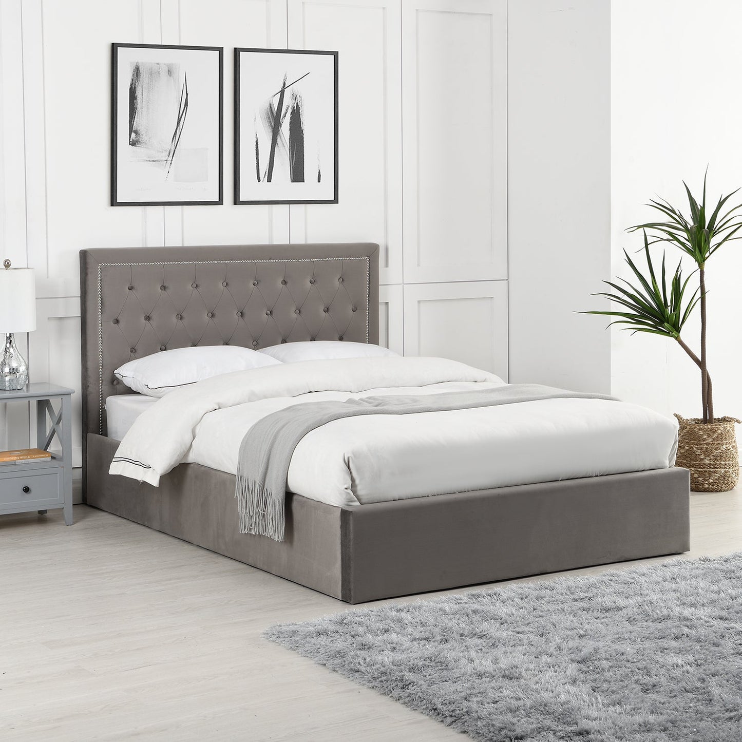 Hartwell Upholstered Ottoman Storage Bed with Deeply Buttoned Headboard (Grey Velvet)