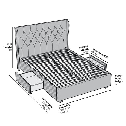 Weston Buttoned Wing Back Upholstered 2-Drawer Storage Bed (Grey Fabric)