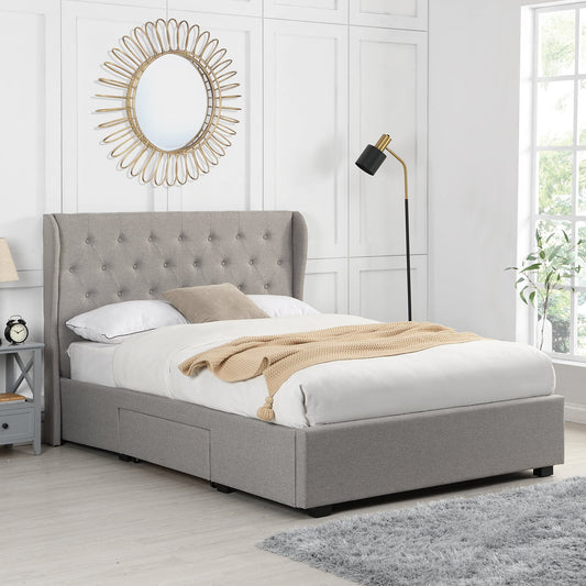 Weston Buttoned Wing Back Upholstered 2-Drawer Storage Bed (Grey Fabric)