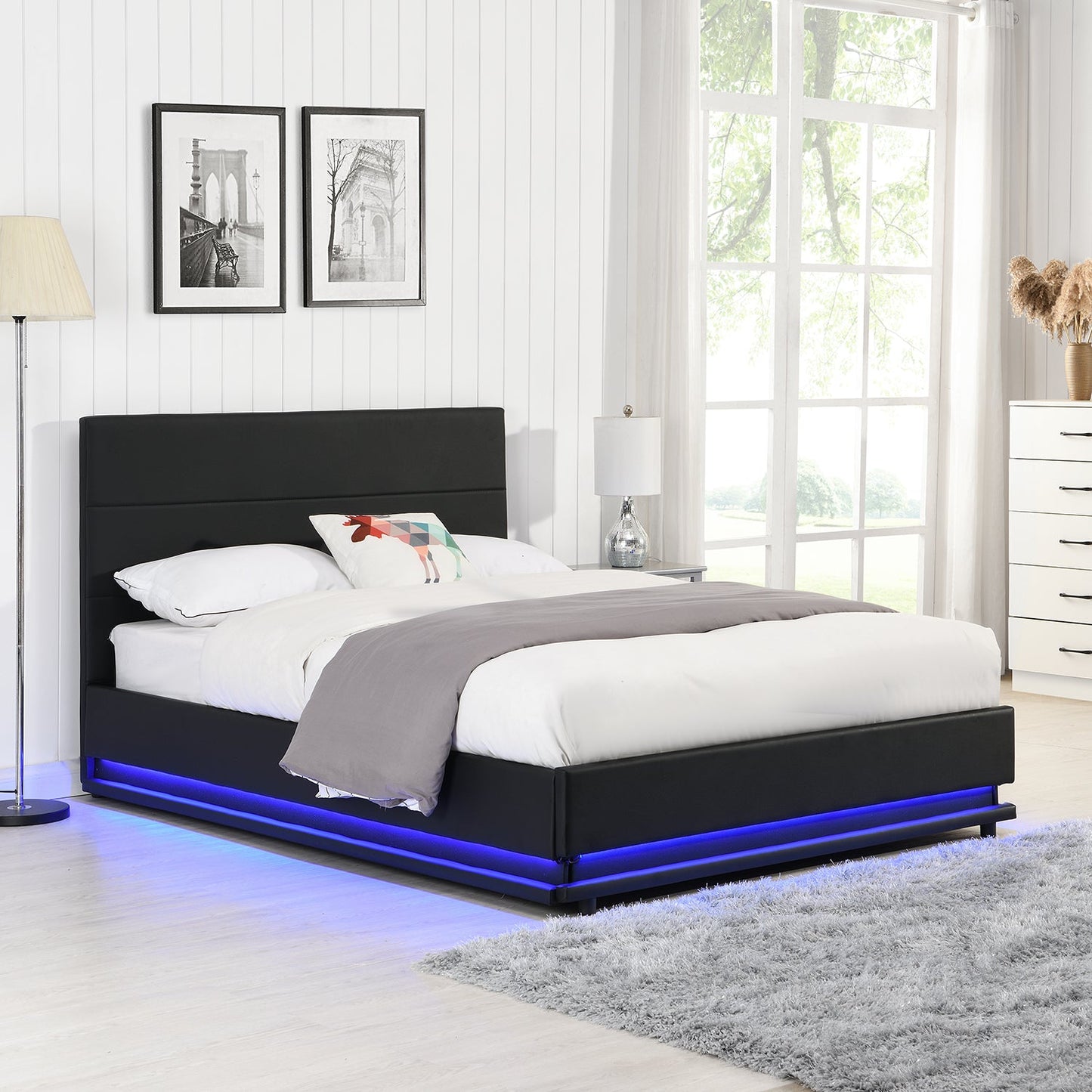 Buxton Faux Leather End Opening Ottoman Storage Bed Frame with Multi-colour LED Light Strip (Black PU)
