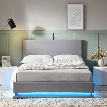 Buxton End Opening Ottoman Storage Bed Frame with Multi-colour LED Light Strip (Light Grey Velvet)