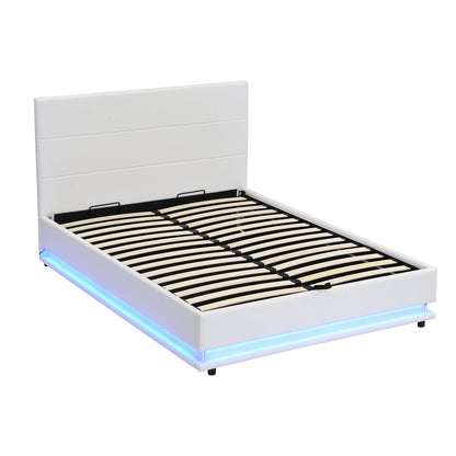 Buxton Faux Leather End Opening Ottoman Storage Bed Frame with Muti-colour LED Light Strip (White PU)