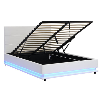 Buxton Faux Leather End Opening Ottoman Storage Bed Frame with Muti-colour LED Light Strip (White PU)