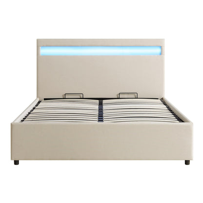 Pimlico End Opening Ottoman Storage Bed Frame with Multi-colour LED Headboard (Beige Fabric)