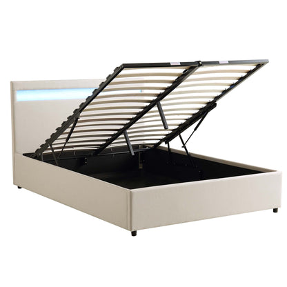 Pimlico End Opening Ottoman Storage Bed Frame with Multi-colour LED Headboard (Beige Fabric)