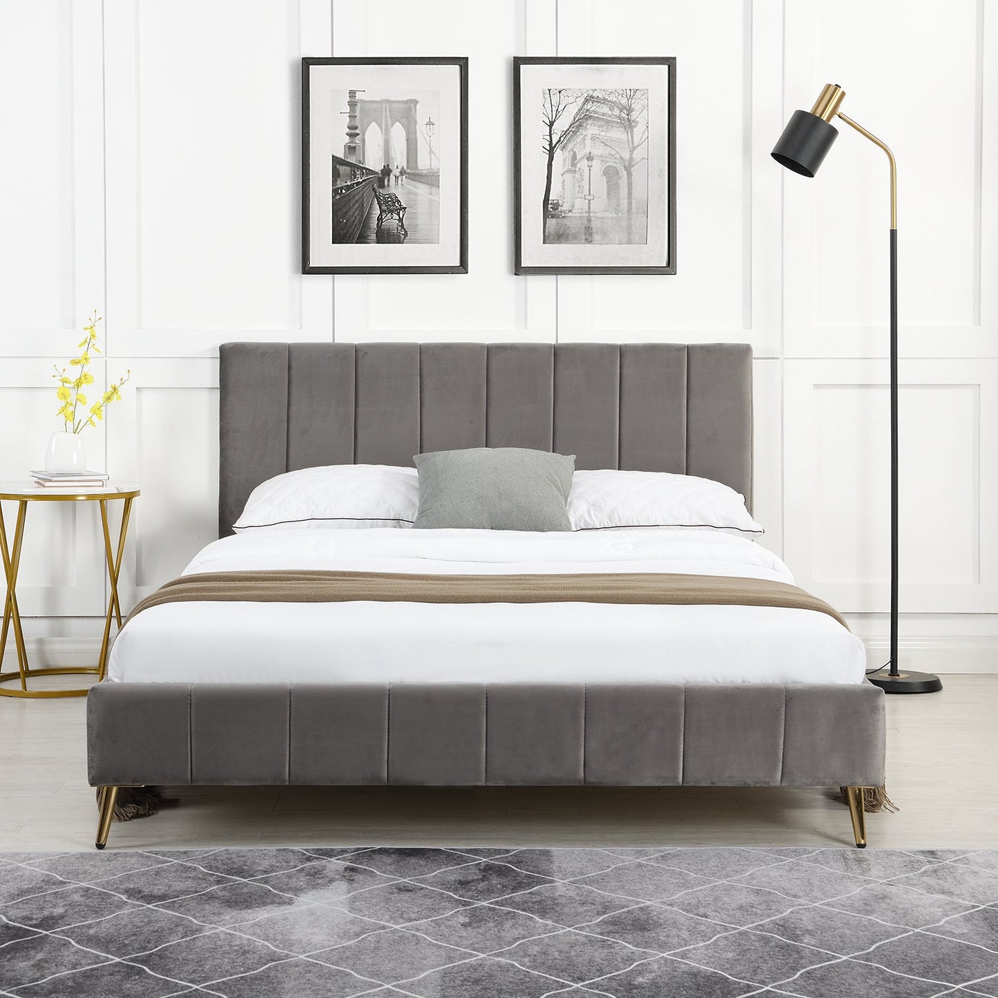 Sylvie Velvet Upholstered Bed Frame with Golden Chrome Legs (Grey)