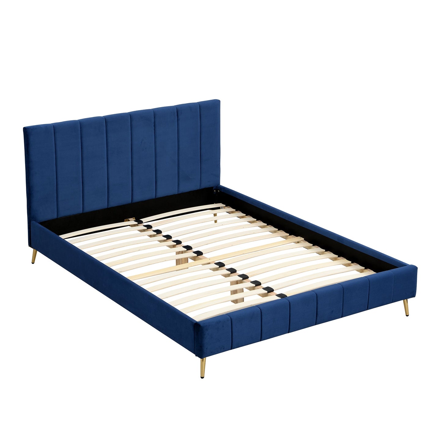 Sylvie Velvet Upholstered Bed Frame with Golden Chrome Legs, Navy Velvet