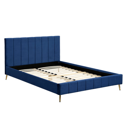 Sylvie Velvet Upholstered Bed Frame with Golden Chrome Legs, Navy Velvet