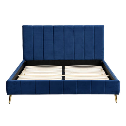 Sylvie Velvet Upholstered Bed Frame with Golden Chrome Legs, Navy Velvet