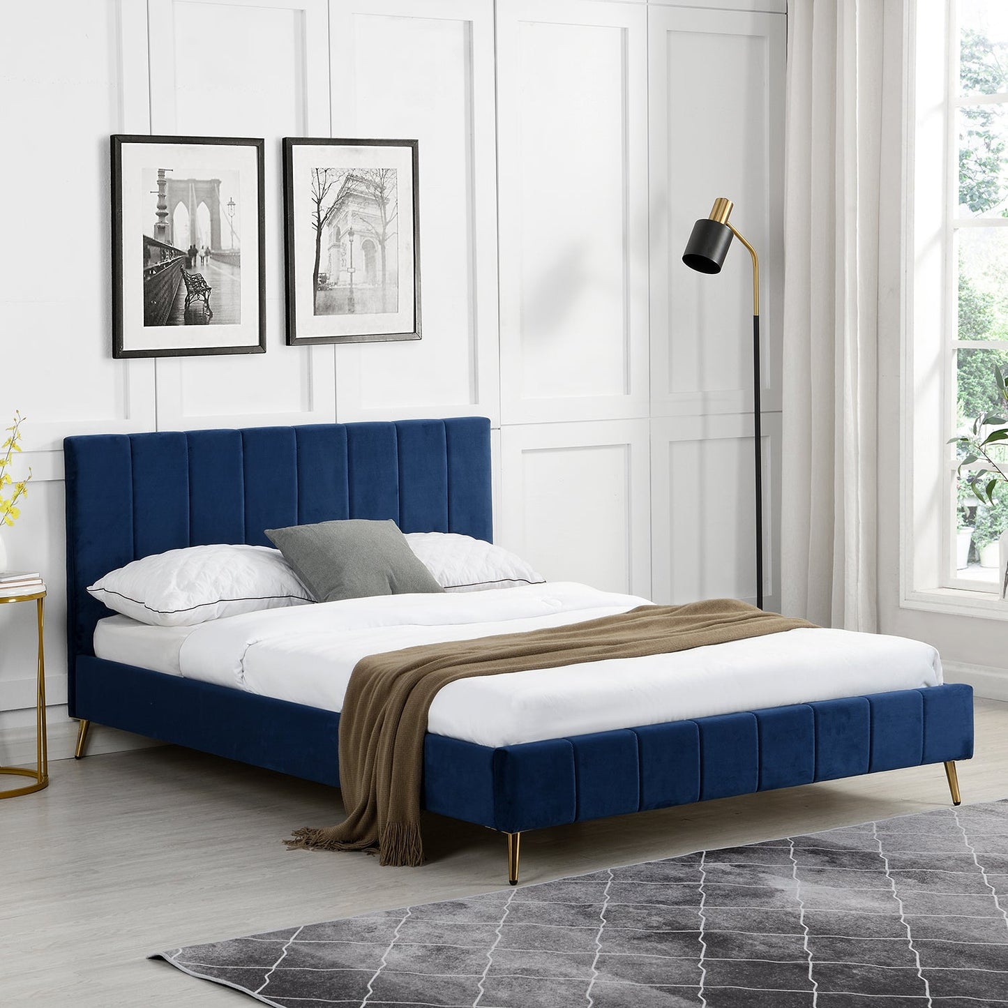 Sylvie Velvet Upholstered Bed Frame with Golden Chrome Legs, Navy Velvet
