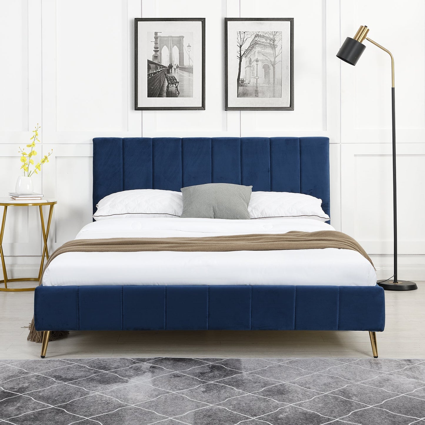Sylvie Velvet Upholstered Bed Frame with Golden Chrome Legs, Navy Velvet