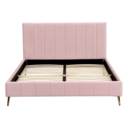 Sylvie Velvet Upholstered Bed Frame with Golden Chrome Legs, Pink Velvet