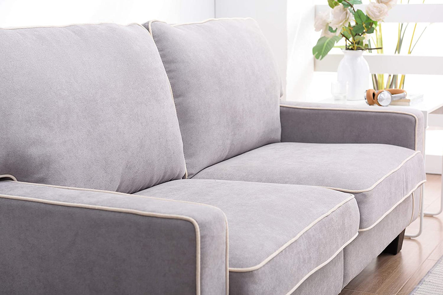 Sherbrook 3 Seater Fabric Sofa with Contrasting Trim in Light Grey Fabric