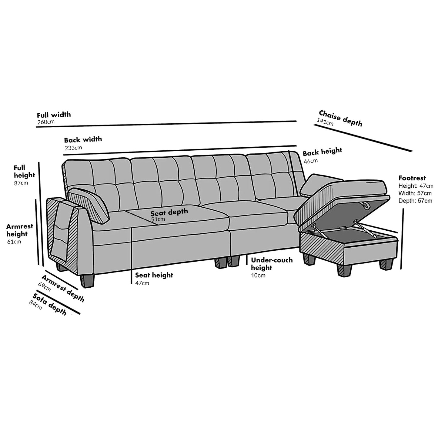 Brunswick Large 4-Seater Storage Chaise Sofa in Light Grey