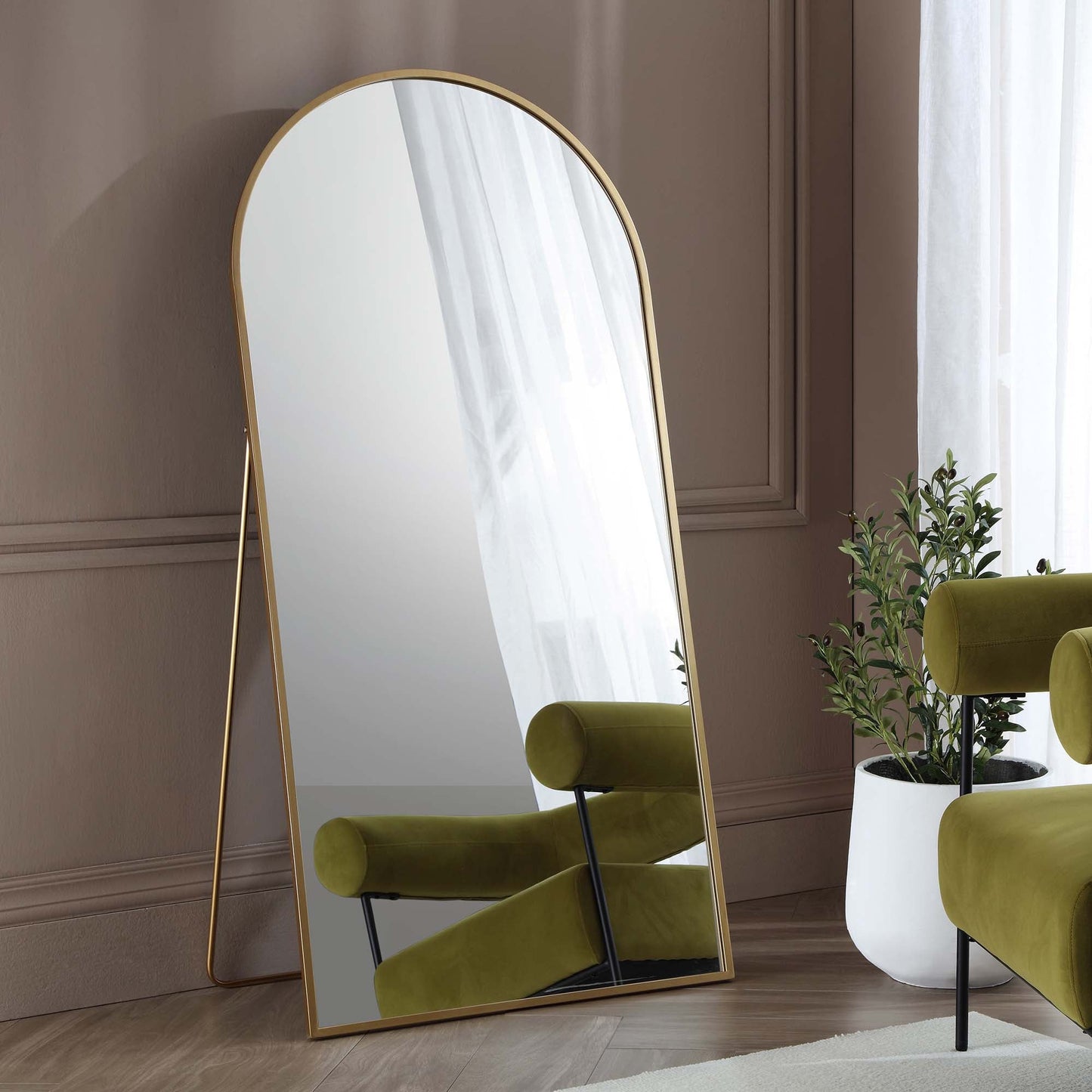 Dina Freestanding Arched Full Length Metal Frame Mirror 160 x 76 cm, Gold Effect