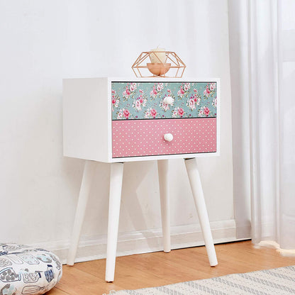 Cherry Tree Furniture CANTERBURY Wooden 2-Drawer Bedside Table Nightstand, Rose & Polka Dot Pattern