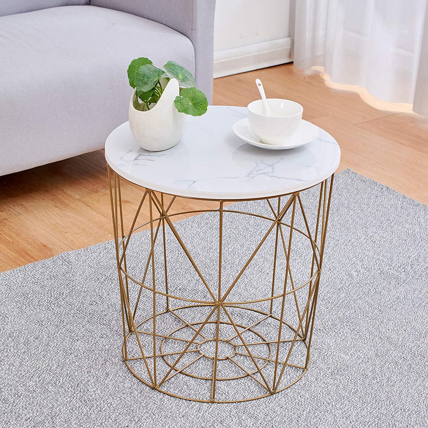 Koram Marble Effect Top Basket Side Table Golden Geometric Wire Frame End Table