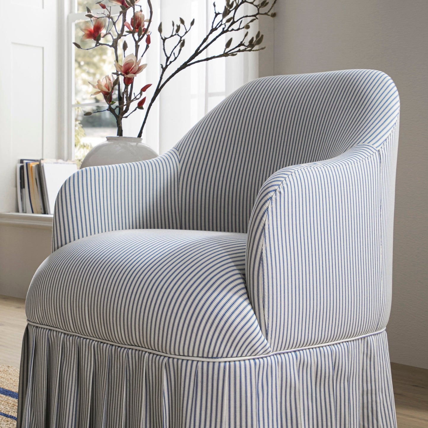 Calliope Skirted Armchair, Blue Striped