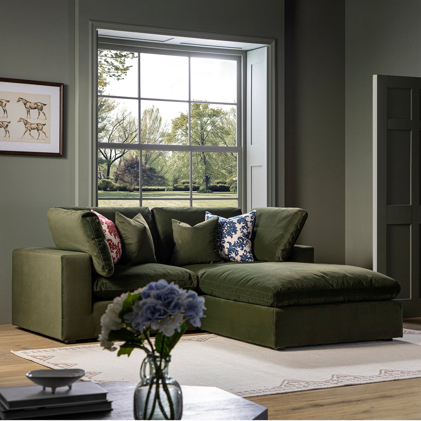 Lutyens Moss Green Velvet Modular Sofa, 2-Piece Chaise