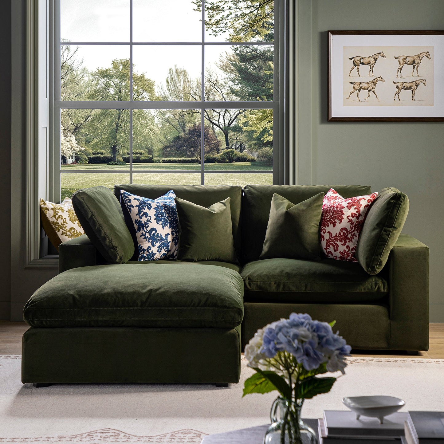 Lutyens Moss Green Velvet Modular Sofa, 2-Piece Chaise