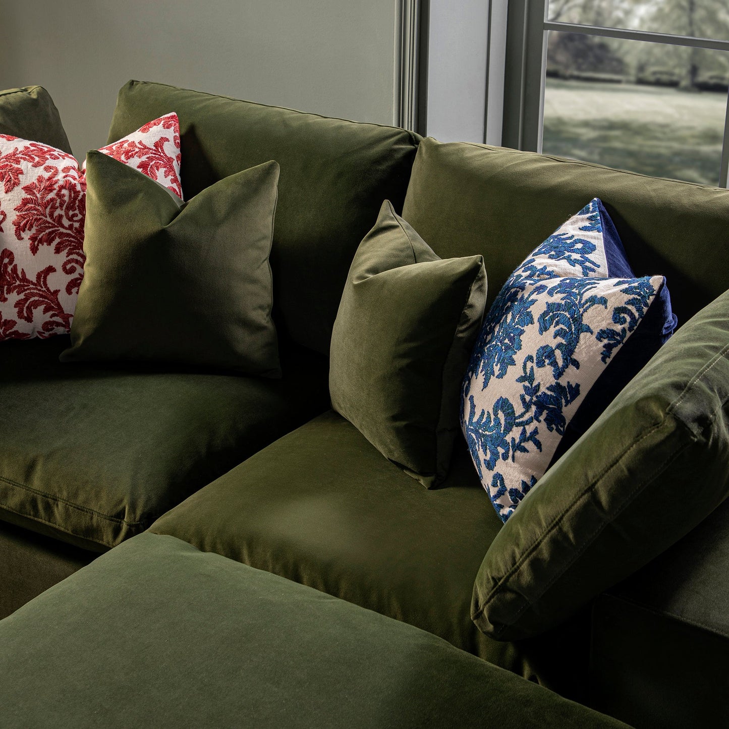 Lutyens Moss Green Velvet Modular Sofa, 2-Piece Chaise