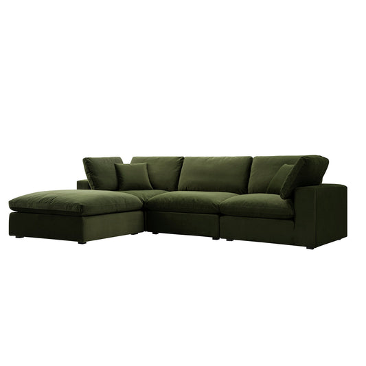 Lutyens Moss Green Velvet Modular Sofa, 3-Piece Chaise