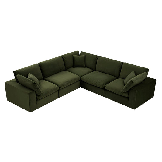 Lutyens Moss Green Velvet Modular Sofa, 5-Piece Corner Set