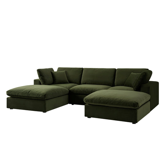 Lutyens Moss Green Velvet Modular Sofa, 5-Piece U-Shape Set