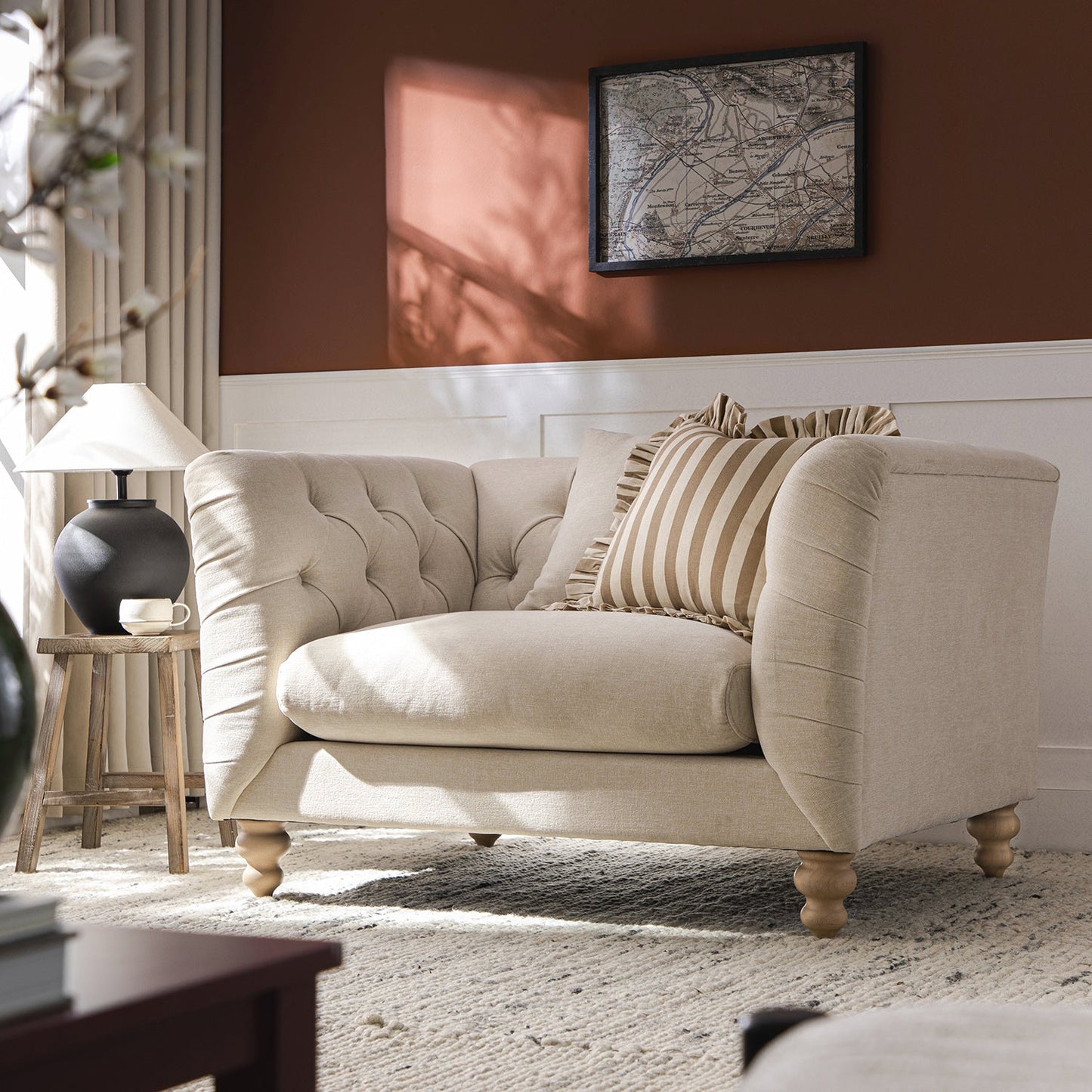 Ashby Chesterfield Loveseat, Oatmeal Chenille