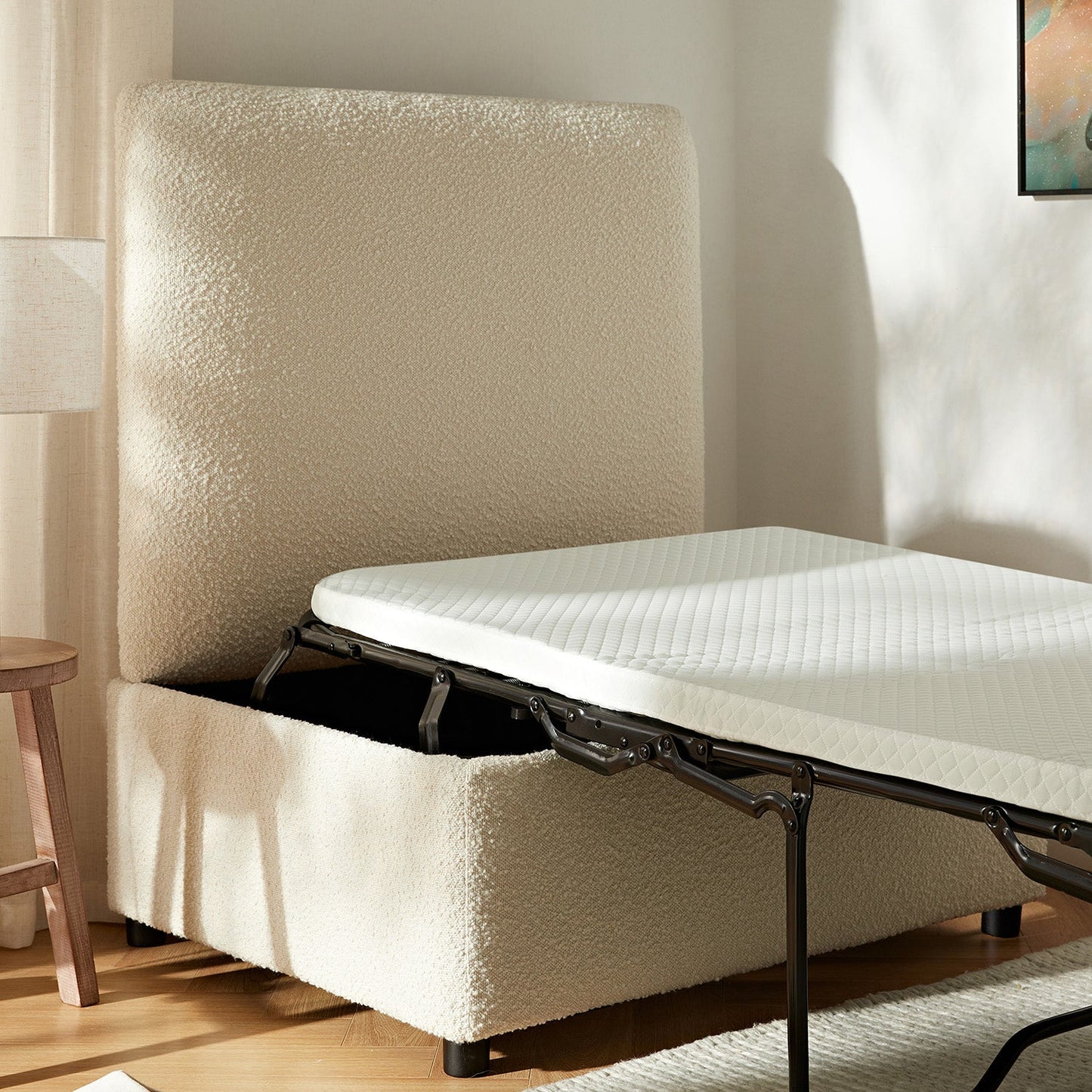 Magda Fold-Out Single Bed in an Ottoman, Beige Boucle