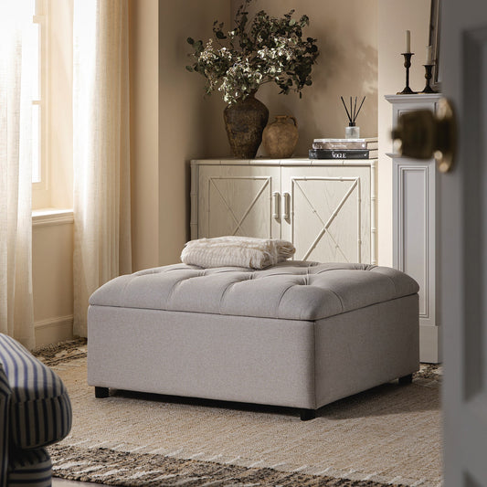 Portland Single Buttoned Fold-Out Bed in Ottoman, Beige Woven Fabric
