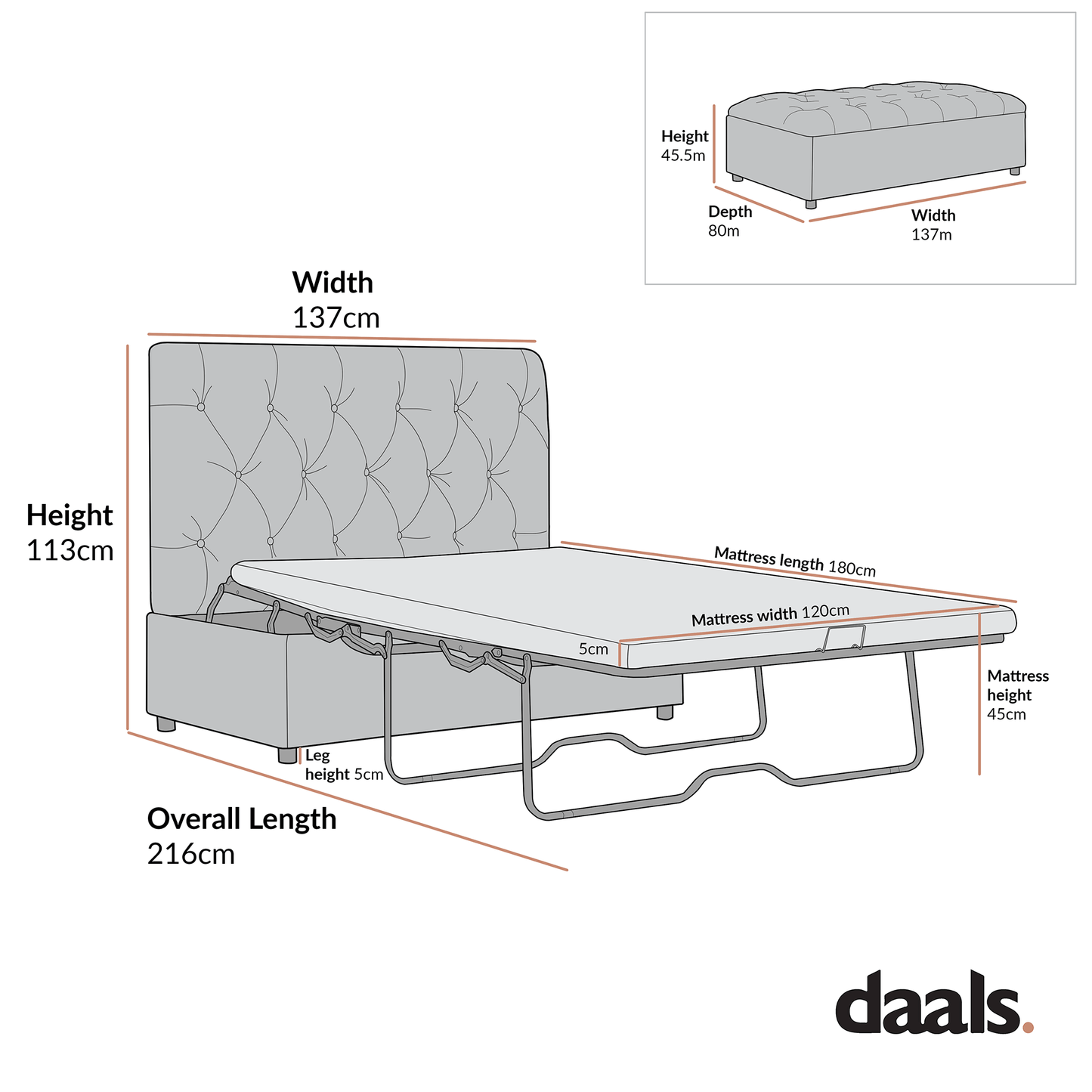 Portland Small Double Buttoned Fold-Out Bed in Ottoman, Rust Velvet