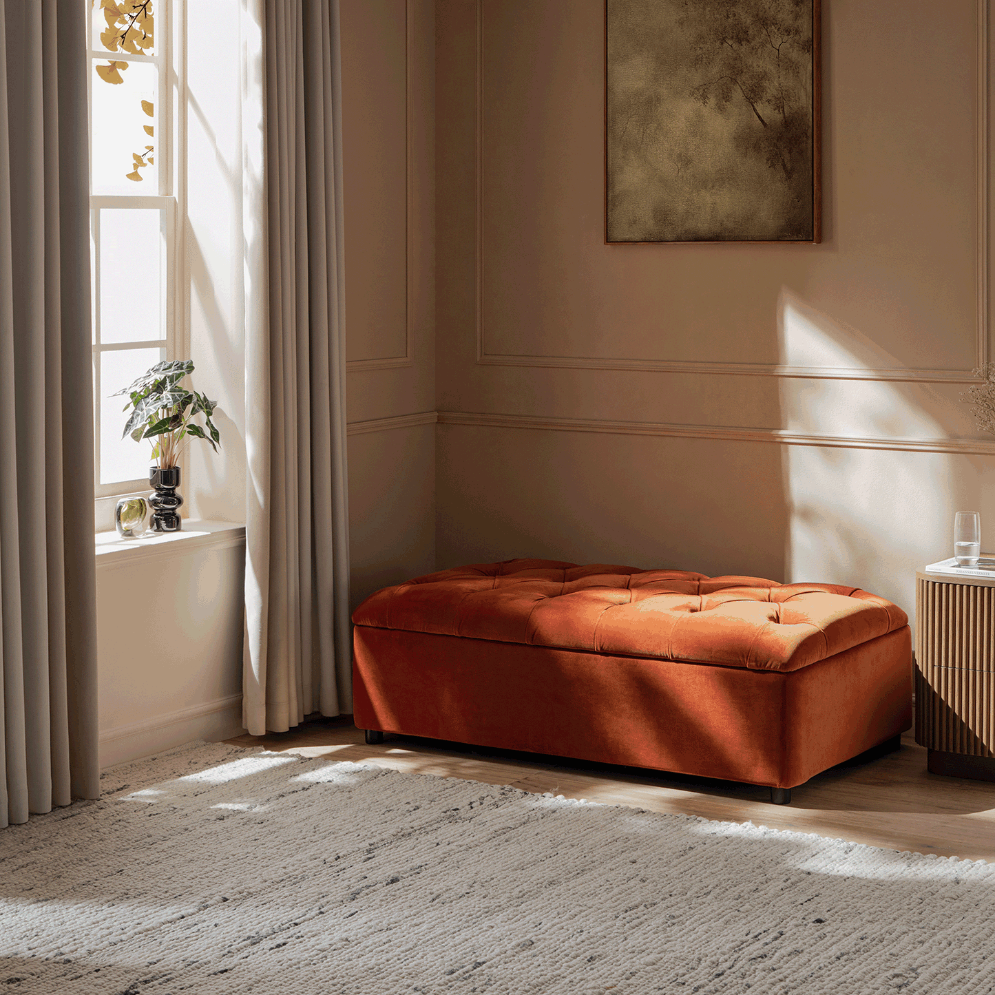 Portland Small Double Buttoned Fold-Out Bed in Ottoman, Rust Velvet