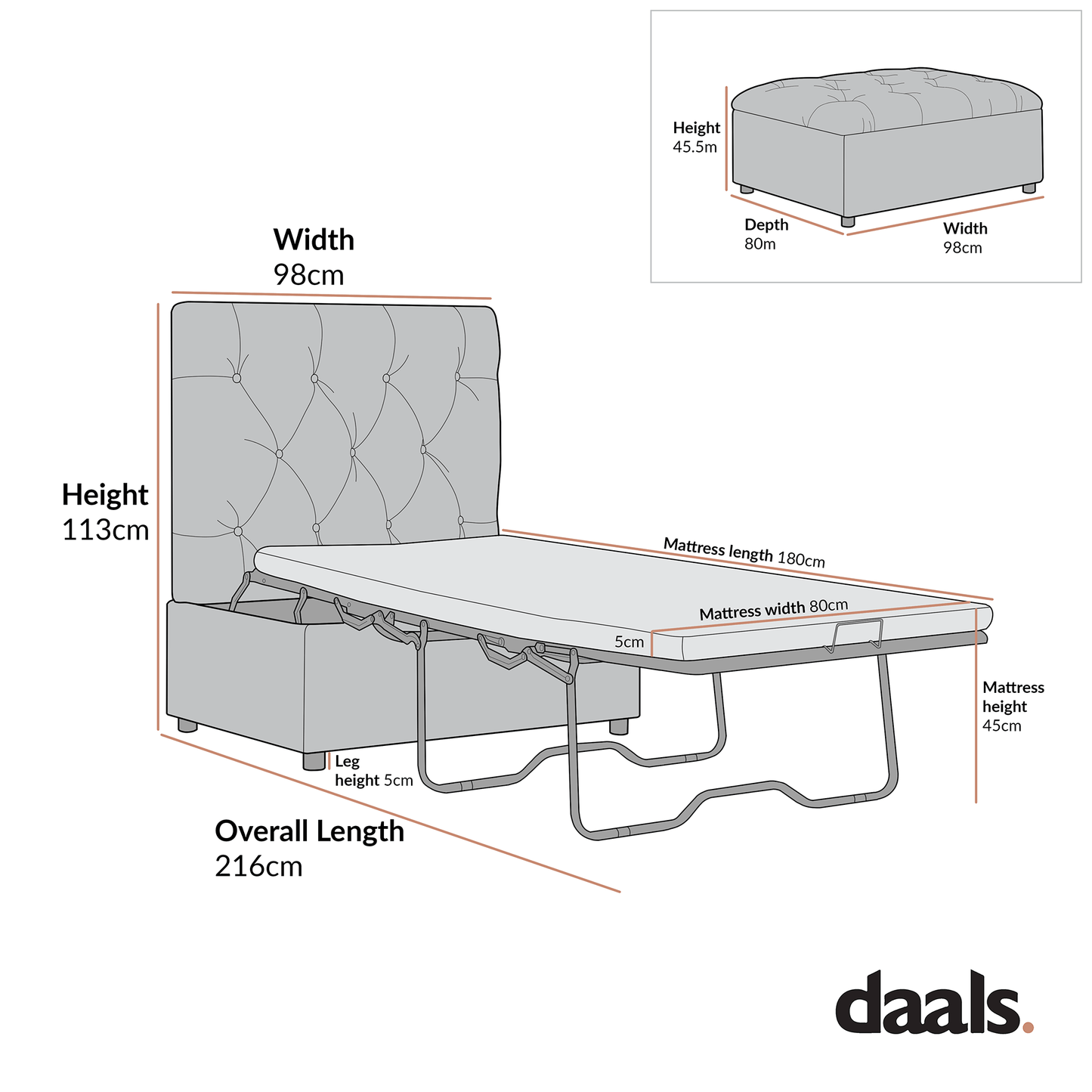 Portland Single Buttoned Fold-Out Bed in Ottoman, Moss Green Velvet
